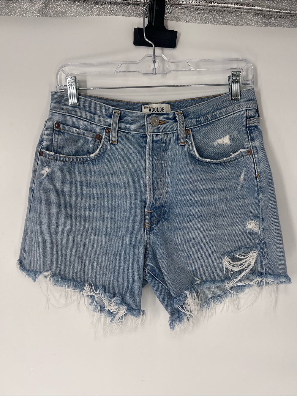 Agolde Parker Long Light Blue Distressed High Waist Cutoff Denim Shorts 26